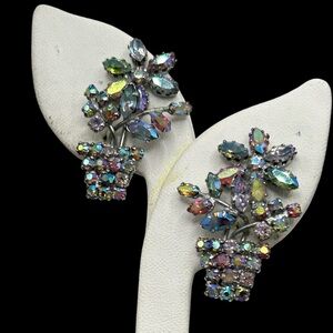 Vintage AB Rhinestone Flower Basket Bouquet Clip Earrings